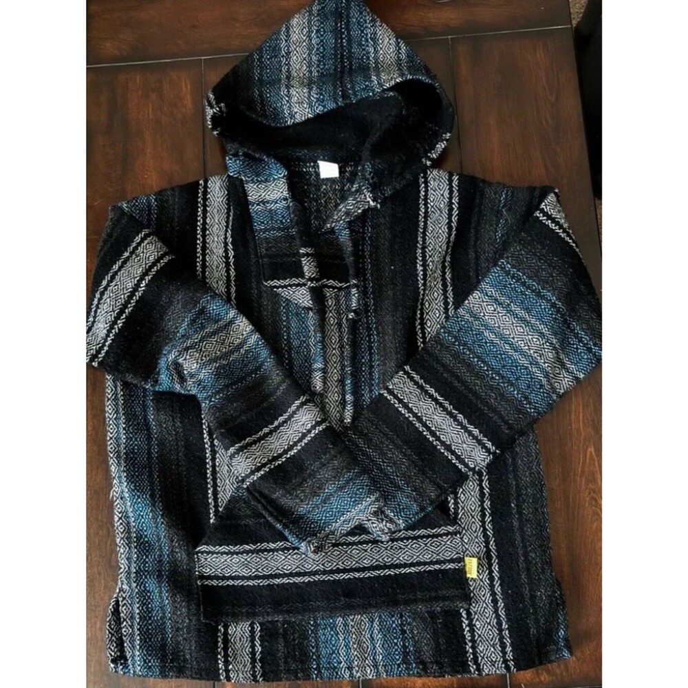 Vintage Baja Hoodie Mens M L Striped Surf Drug Rug Festival Pullover Boho